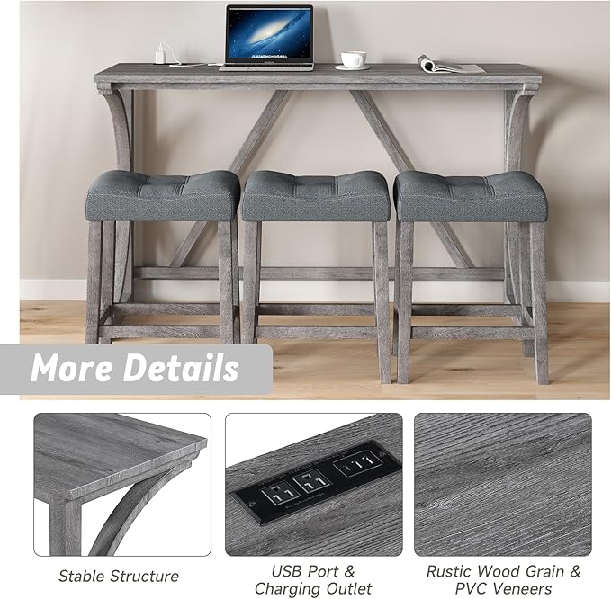 HMFULE 4 Piece Bar Table Set with Power Outlet, 59'' Dining Bar Table and Chairs Set, Industrial Breakfast Table with 3 Padded Stools for Living Room Dining Room Game Room Grey