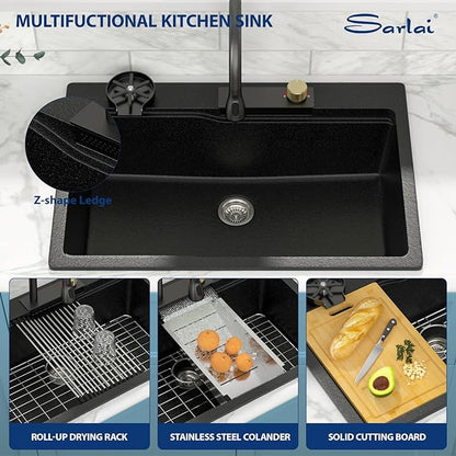 Sarlai Waterfall Kitchen Sink - Granite Composite Black Kitchen Sink 33 Inch Drop In Topmount Workstation Granite Matte Black Quartz Single Bowl Multifunction Sinks with Waterfall