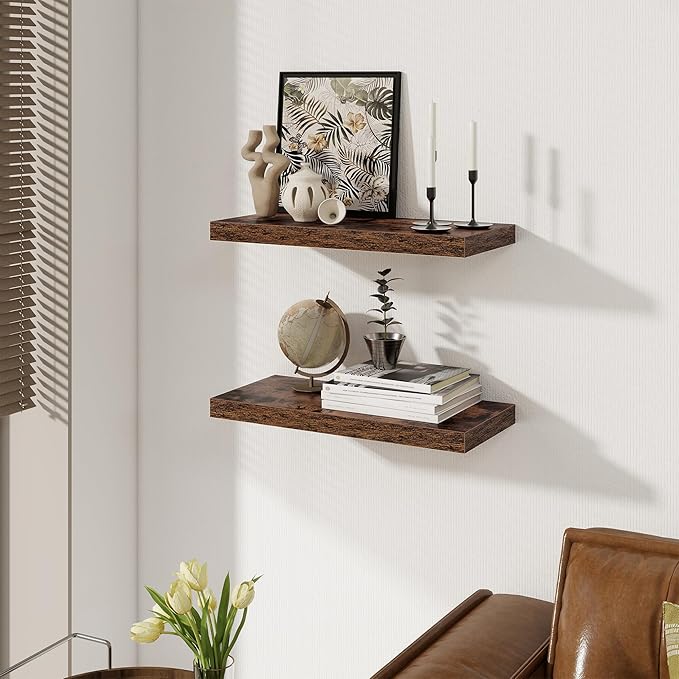 Floating Shelves for Wall, 22.5"W x 8"D Wall Shelf, Rustic Wood Floating Shelf 22.5 Inch Long, Bathroom Shelves Set of 2, 8 Inch Deep Floating Shelves for Living Room, Bedroom, Kitchen, Rustic Brown