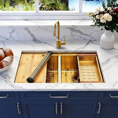 32 Inch Gold Sink Undermount Double Bowl, 16 Gauge 50/50 Double Bowl Stainless Steel Workstation Sink, 32"x19"x10" Large and Deep Kitchen Sink With Accessories