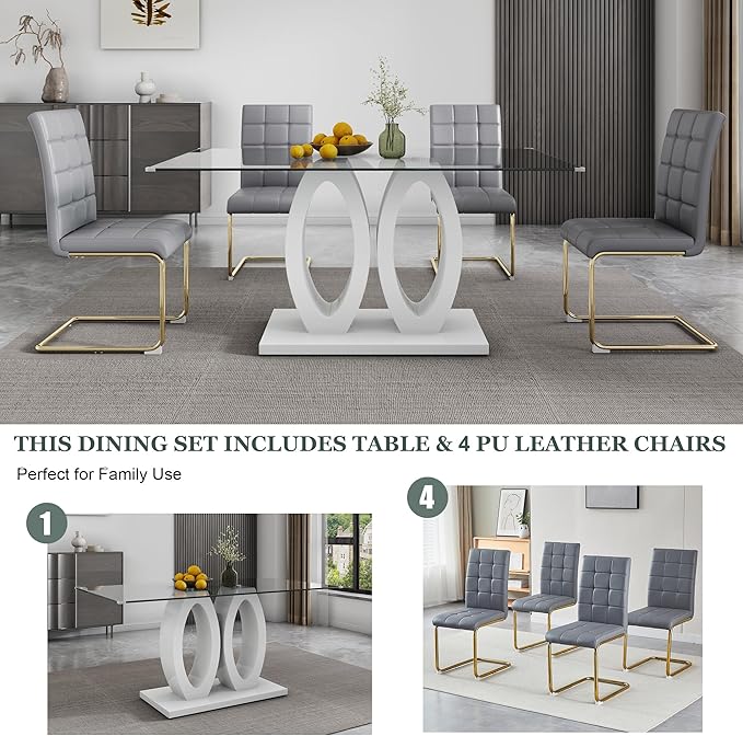5-Piece Glass Dining Table Set, 63" White Kitchen Table with O-Shape MDF Base, Dining Room Set for 4 with 4 Leather Upholstered Chair for Kitchen, Dining Room (Gray,Gold)