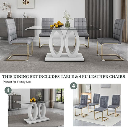 5-Piece Glass Dining Table Set, 63" White Kitchen Table with O-Shape MDF Base, Dining Room Set for 4 with 4 Leather Upholstered Chair for Kitchen, Dining Room (Gray,Gold)