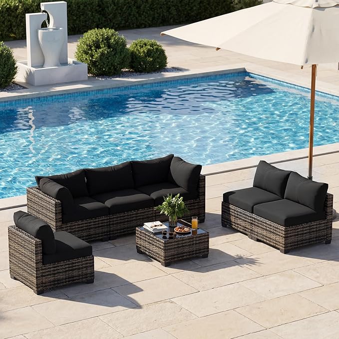 Patio Furniture Set, 7-Piece Outdoor Sectional Couch with Coffee Table & Thick Cushions, Outdoor Wicker Conversation Set for Backyard, Poolside, Garden (White-Black, 7 Piece-Single)
