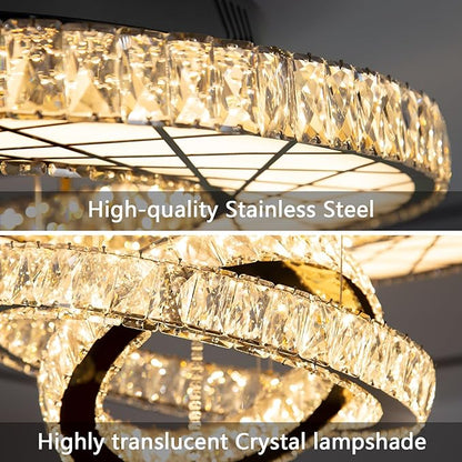 HAIXIANG Crystal Glam Chandelier LED Ceiling Light Dining Bedroom Interior Lighting Fixtures Remote Dimmable Ceiling Chandeliers 24 Inches Black Light