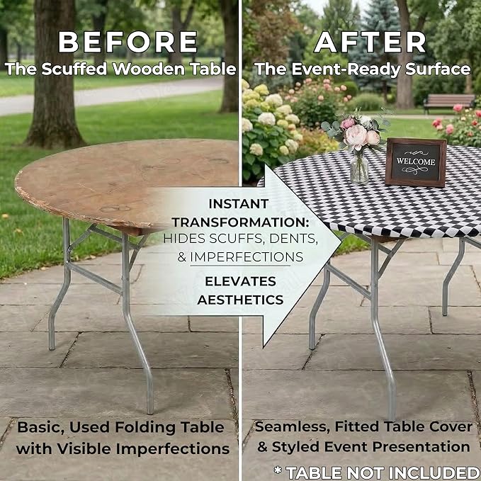 Kwik-Covers 10 Pack of Round Plastic Table Covers - 60" or 72" Round - Indoor or Outdoor Fitted Covers (Tables NOT Included) (Black & White Check, 60" Round)