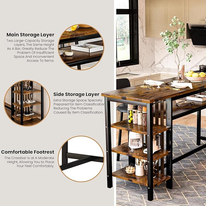 DKLGG Bar Table and Chairs Set for 2, 3-Piece Counter Height Dining Table with Stools, Hightop Kitchen Island Table with Storage Shelves for Kitchen, Bar, Pub, Bistro