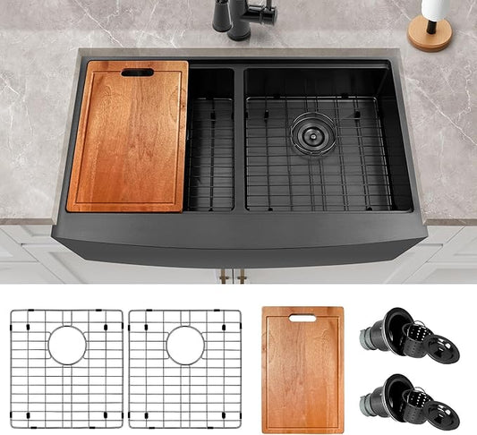 Black Farmhouse Sink 33" X 20",Black Kitchen Sink Double Bowl,33 inch Apron-Front Farmhouse Workstation Sinks,16 Gauge Stainless Steel Double Kitchen Sink