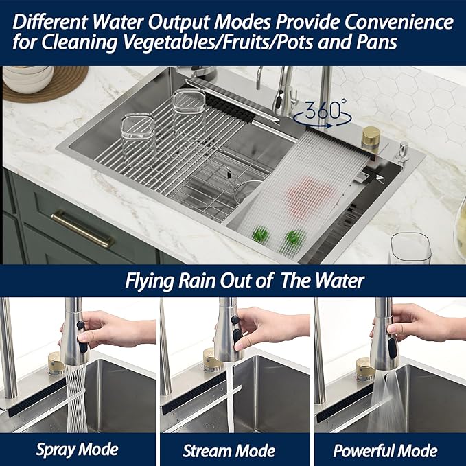 Logmey 33x22 Waterfall Kitchen Sink with faucet Combo Cup Washer Workstation Luxury Sinks 33 Inch Drop In Kitchen Sink Stainless Steel 16 Gauge Single Bowl Topmount Sinks 33x22x9