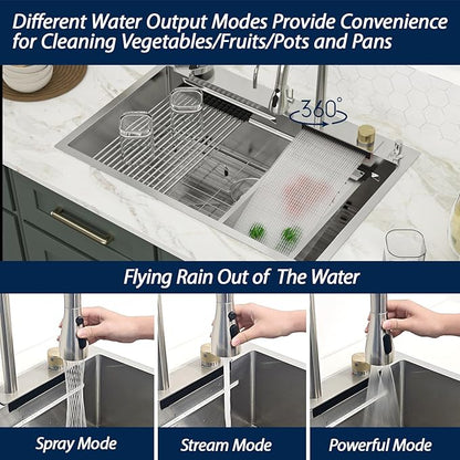 Logmey 33x22 Waterfall Kitchen Sink with faucet Combo Cup Washer Workstation Luxury Sinks 33 Inch Drop In Kitchen Sink Stainless Steel 16 Gauge Single Bowl Topmount Sinks 33x22x9