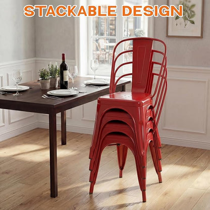 Shahoo Metal Dining Chairs Classic Iron Stackable Industrial Vintage Trattoria with Back, Indoor-Outdoor Side Settee for Home Bistro Cafe Kitchen Restaurant Set of 4, Red