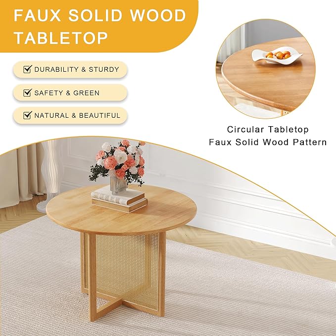Rubber Wood Round Dining Table Set with 4 Chairs, 42 Inch Diameter Natural Wood Table with Imitation Vine Texture Legs, Perfect for Dinner, Meetings, Home and Office