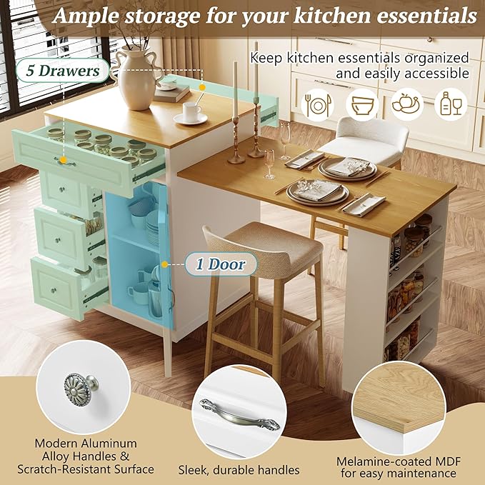 73” Kitchen Island with Extendable Dining Table, Multifunctional Wine Cabinet with 1 Door, 5 Drawers, Open Side Shelves, Wine Rack, Stemware Holder, Rolling Wheels, Chairs Not Include, White+Natural