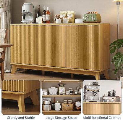 GarveeHome 58" Modern Farmhouse Sideboard Buffet Cabinet with Adjustable Shelves Storage & 4 Doors, Wood Buffet Console Table, Curved Design, Cupboard Coffee Bar Cabinet for Dining Room, Living Room