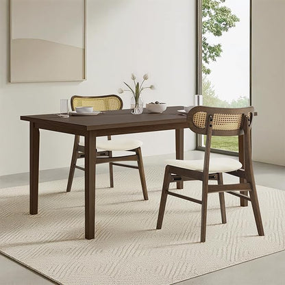 KISLOT Wooden Dining Chairs Set of 4, Upholstered Modern Dining Room Chairs, Mid Century Oak Wood Kitchen Chairs with Rattan Backrest for Farmhouse, Kitchen, Restaurant (Cream Fabric & Walnut Color)