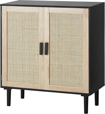 VEVOR Rattan Cabinet, Buffet Cabinet with Storage, Storage Cabinet with 2 Magnetic Doors and Adjustable Shelves, Sideboard Buffet for Hallway, Entryway, Living Room, or Kitchen, Black