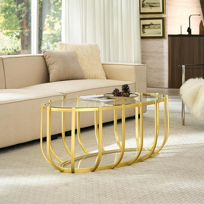 Saint Mossi Glass Oavl Coffee Table for Living Room, Mid Century Modern 2-Tier Gold Drum Center Table, Clear Glass Top with Gold Finish Legs & Frame, D42xW23xH16