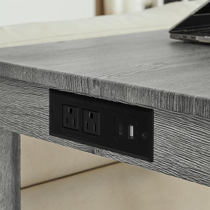 4-Piece Kitchen Island Counter-Table Set with Charging Station, Industrial 59" Dining Tables with 3 Stools, 59 Inch Farmhouse Bar Table Chairs w/USB & Type-C & Power Outlets, Grey