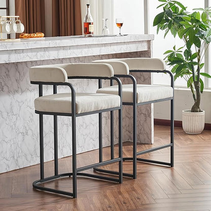 Modern Chenille Bar Stools Set of 2, Upholstered Counter Height Chairs with Metal e Armrests, Soft Chenille Fabric Bar Chairs for Kitchen Island, Dining Room, Home Bar,White