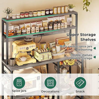 SUPERJARE Bakers Rack with Power Outlet, 47.2 Inches Coffee Bar with 3 Level-Adjustable Open Shelves, Wire Basket, Kitchen Microwave Stand with 6 S-Shaped Hooks, Grey