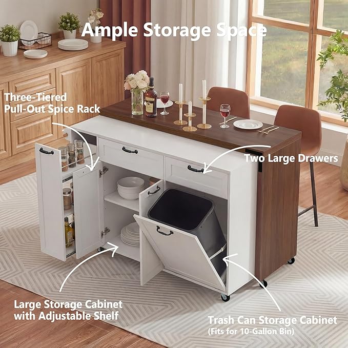 Kitchen Island with Extendable Dining Table, Rolling Kitchen Cart with Drawers and Trash Storage Cabinet, Island Mobile Dining Table on Wheels with 3-Tier Pull-Out Spice Rack for Small Space White