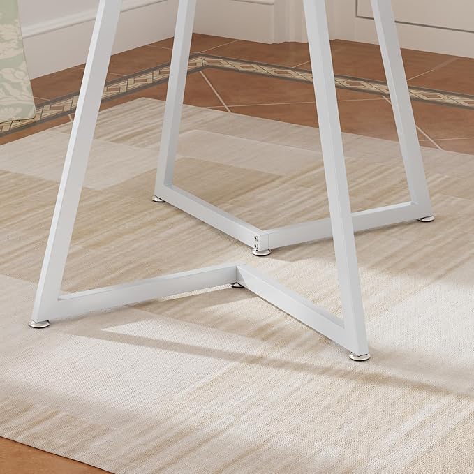 VECELO Round Dining Room Table with Wood Grain Tabletop and Steel Frame, for Kitchen, Living Room, Office, Conference, 2 to 4 Person, White Faux Marble