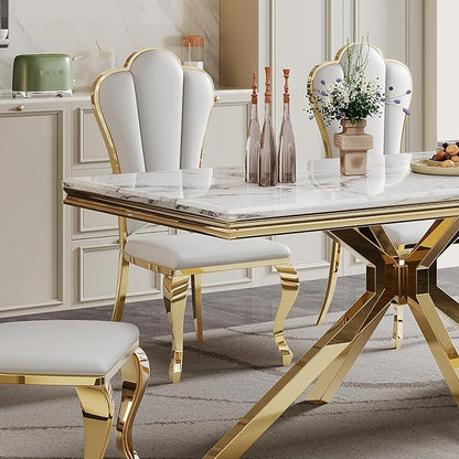 Modern Dining Table for 6-8, 68 Inch White Marble Kitchen Table with Gold Mirrored Stainless Steel X-Base, Luxurious Rectangular Faux Marble Dining Room Table for Dining Room,Living Room(No Chairs)
