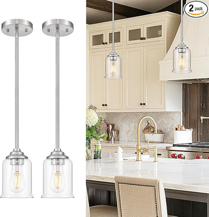 zeyu 2 Pack Modern Pendant Light Fixture, Brushed Nickel Hanging Light with Clear Glass for Kitchen Island Dining Room Bedroom Hallway Foyer, ZSL104MIL-2 BN