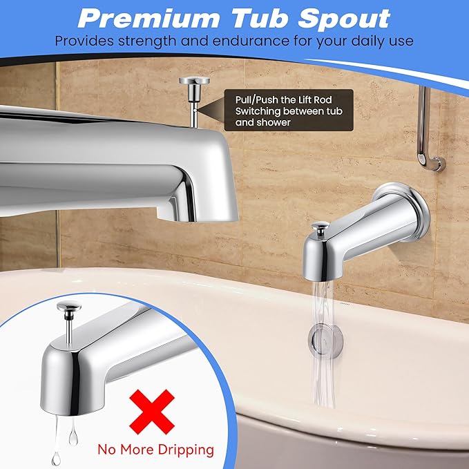 Dreyoo 7 Inch Tub Spout (Universal Fits 1/2" Copper Pipe, 1/2" IPS and 3/4" IPS), Bathroom Bathtub Faucet with Adapters and Hex Wrench (Chrome,with Diverter)