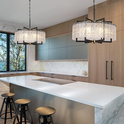 Modern Black Crystal Chandeliers for Dining Room, Elegant Chandelier Light Fixture for Kitchen Island, Water Ripple Glass, Drum Hanging Lights for Bar Table Entryway Foyer Hallway-24”