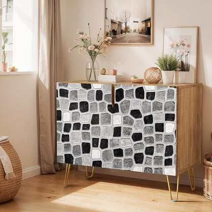 SIGNWIN Sideboard Buffet Cabinet, Kitchen Storage Cabinet with 2 Doors, Black Gray Geometric Square Patterns, Cupboard Console Table for Dining Room - 35" L x 18" W x 29" H