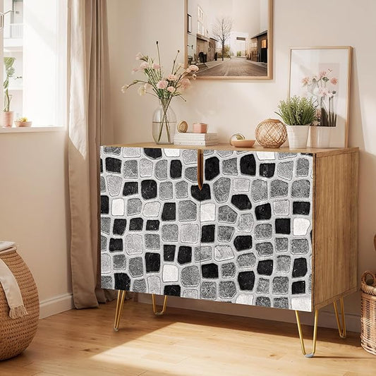 SIGNWIN Sideboard Buffet Cabinet, Kitchen Storage Cabinet with 2 Doors, Black Gray Geometric Square Patterns, Cupboard Console Table for Dining Room - 35" L x 18" W x 29" H