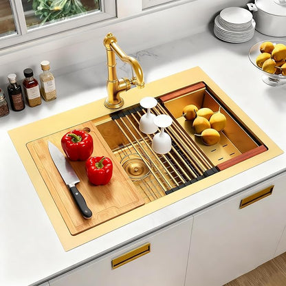 Gold Kitchen Sink, 33" x 22" Drop In Kitchen Sink,16 Gauge Stainless Steel All In One Workstation Sink with Ledge & Accessories, 33" x 22" x 10" Large and Deep Top Mount Kitchen Sinks