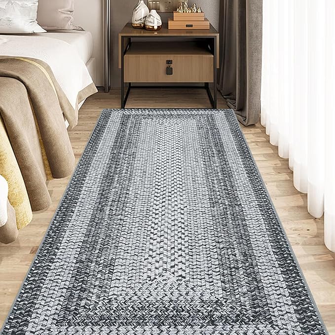 Printed Washable Runner Rug 2x10 Runner Modern Non Slip Kitchen Rug Braided Pattern Low Pile Soft Bath Mat Stain Resistant Carpet for Entryway Bedroom Hallway Laundry 2'x10' Grey/Taupe