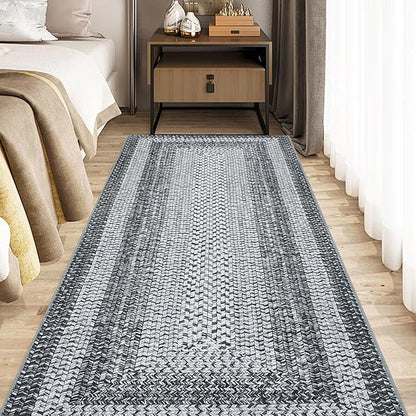 Printed Washable Runner Rug 2x10 Runner Modern Non Slip Kitchen Rug Braided Pattern Low Pile Soft Bath Mat Stain Resistant Carpet for Entryway Bedroom Hallway Laundry 2'x10' Grey/Taupe