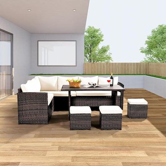 Wumiokio Patio Furniture Set, 7 Pieces Outdoor Patio Furniture with Dining Table&Chair, All Weather Wicker Conversation Set with Ottoman,Brown Rattan & Ivory Cushions (Include Sofa Dust Cover)