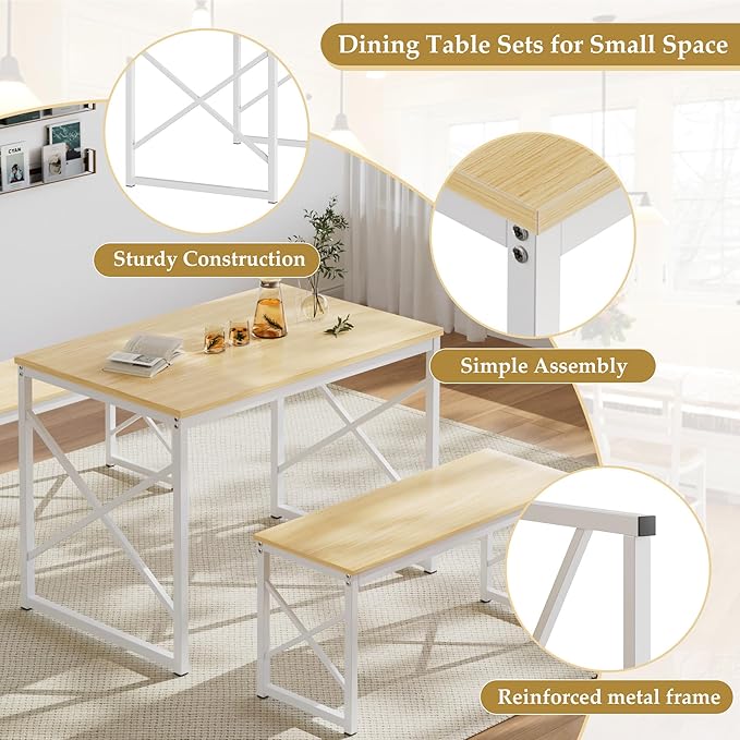 VECELO Kitchen Dining Table Benches Set for 4, 43.3" Wooden Dinette with 2 Benches, Heavy-Duty Dining Room Table for Small Space, Breakfast Nook, Natural Oak