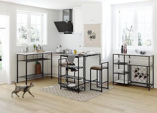 5-Piece Metal Dining Room Furniture Set with Marble Dining Table and 2 Stools/1 Kitchen Island/1 Wine Rack Table, Ideal for Small Small Apartment, Studio (Black + Metal-1)