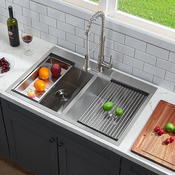 IKEBANA 33 x 22 Inch Double Bowl Kitchen Sink Drop in, Brushed Nickel 16 Gauge Stainless Steel Topmount 50/50 Double Basin Workstation Kitchen Sink with Accessories