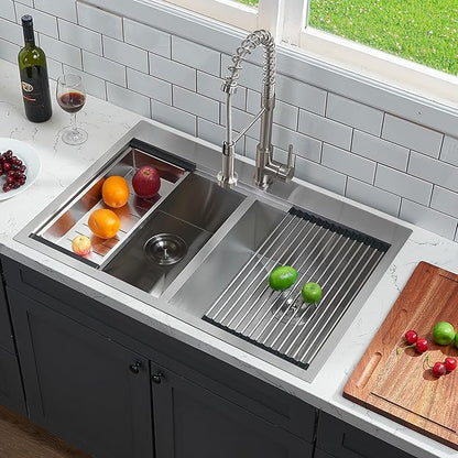 KINGO HOME 50/50 Double Bowl Kitchen Sink, 33x22 Inch Drop In Kitchen Sink, 33 Inch Ledge Workstation 16 Gauge Stainless Steel Topmount Double Basin with Cutting Board