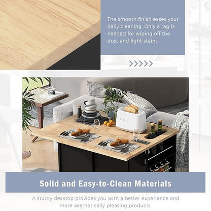 Ball & Cast Kitchen Island with Power Outlet,Kitchen Island with Drop Leaf and Rubber Wood,Open Storage and Wine Rack,5 Wheels,W/Adjustable Storage for Home,Kitchen,Dining Room,Black,40"