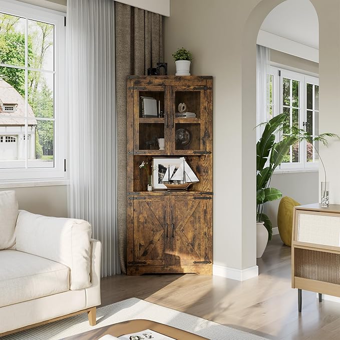 GarveeHome 67" Tall Corner Storage Cabinet, Farmhouse Corner Hutch Display Cabinet with Glass Doors, Wooden Storage Organizer for Kitchen, Living Room, Bathroom, Brown