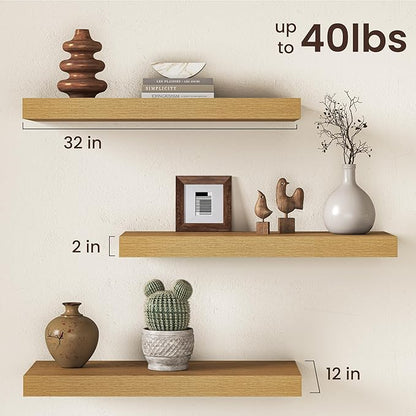 32Inch Oak Floating Shelves for Wall, 12 Inch Deep Shelves for Bedroom, Kitchen, Bathroom Wall Mounted, Rustic Wood Floating Shelf with Invisible Brackets for Books, Storage, Decor, 2 Packs