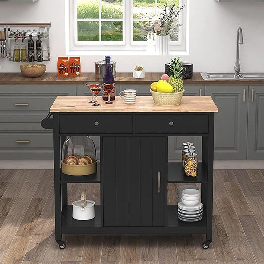 GOWE 40" Kitchen Island Cart ¨C Rubber Wood Top, Locking Wheels, Versatile Storage & Towel Rack,Black