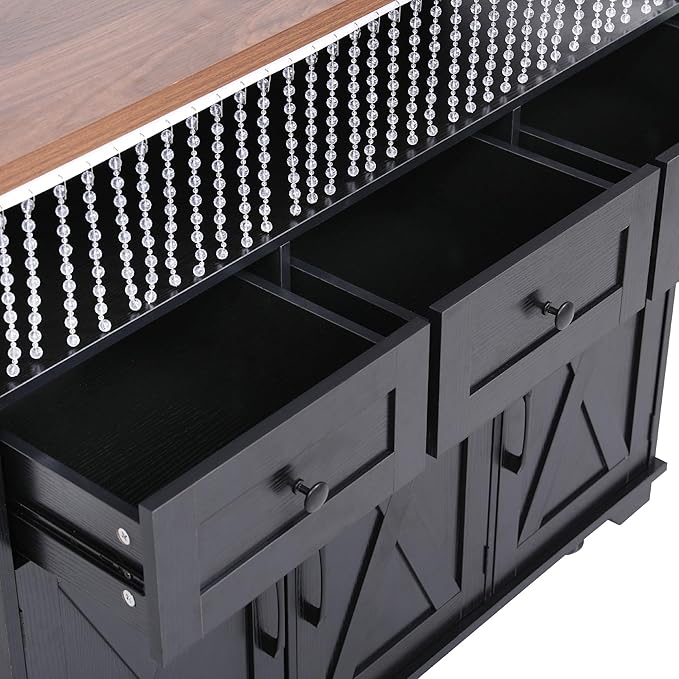 Ball & Cast 46.5" Kitchen Island with Drape of Beads&Power Outlet,Rolling Kitchen Cart on 5 Wheels W/ 3 Drawers,Kitchen Storage Cart W/Internal Iron Shelf&Towel Rack,for Kitchen,Dining Room,Black