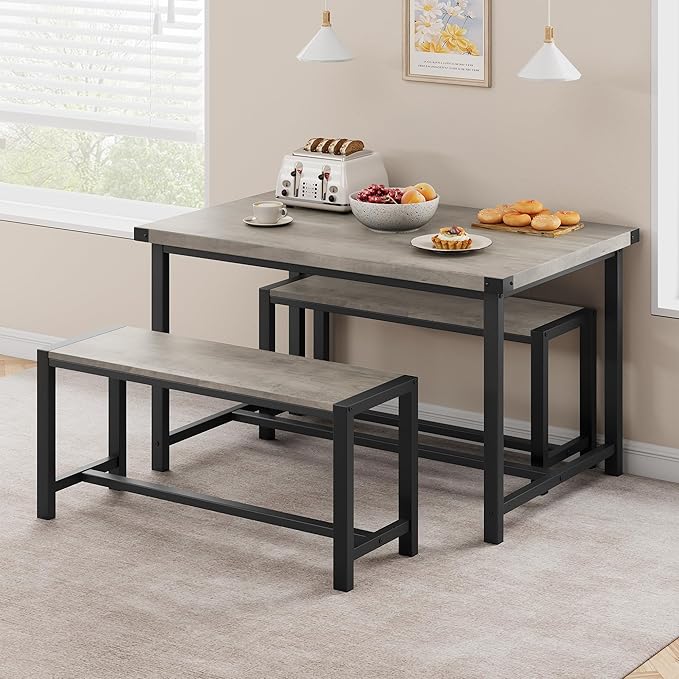 CABIHOME Dining Table and 2 Benches with Corner Protector, Dining Table Set for 4 with 2 Benches, Kitchen Table Set for 4-6 with H-Shaped Frame for Small Space, Kitchen, Apartment, Rustic Gray
