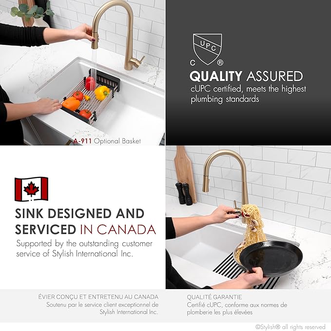 Stylish 28 x 18 Inch Composite Granite Workstation Kitchen Sink, Single Bowl Under Mount & Drop in, 9.5 in Deep, with Bamboo Cutting Board, Roll-Up Drying Rack, Colander & Strainer, White, S-828WH