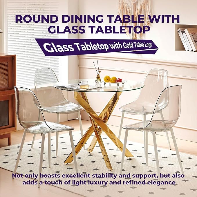 Round Glass Dining Table 35.4'' Inch Modern Round Kitchen Table with Metal Legs Durable Stylish Dinner Table for Dining Room Kitchen