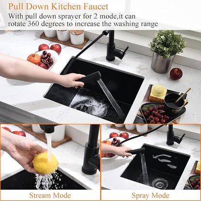 22 Inch Black Undermount Bar Sink with Faucet, 22x17 Inch Undermount Wet Bar Sink Granite Composite Single Bowl Quartz Outdoor Kitchen Sink, Heavy Durable Basin for Home