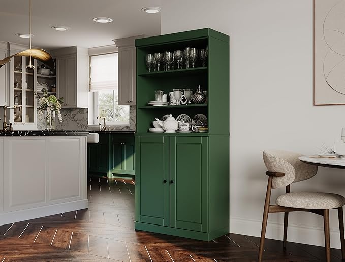 Palace Imports 100% Solid Wood Kitchen Pantry w/ 2 Wood Doors, Green, 32" w x 71.5" h, Renewable Eco-Friendly Pine, Made in Brazil