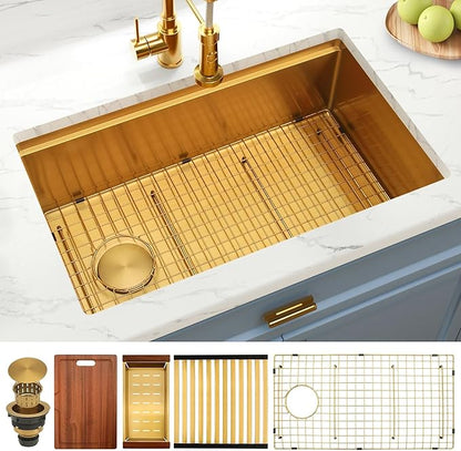 Gold Undermount Kitchen Sink 28 inch,Single Bowl Undermount Sink 16 gauge Stainless Steel,Workstation Kitchen Sinks with Gold Accessories (28" X 18")